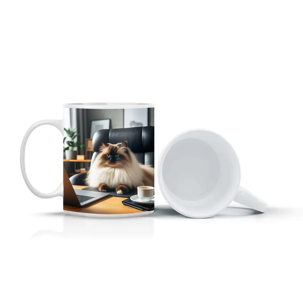 Himalayan Cat Sitting at Office Desk – Mugs