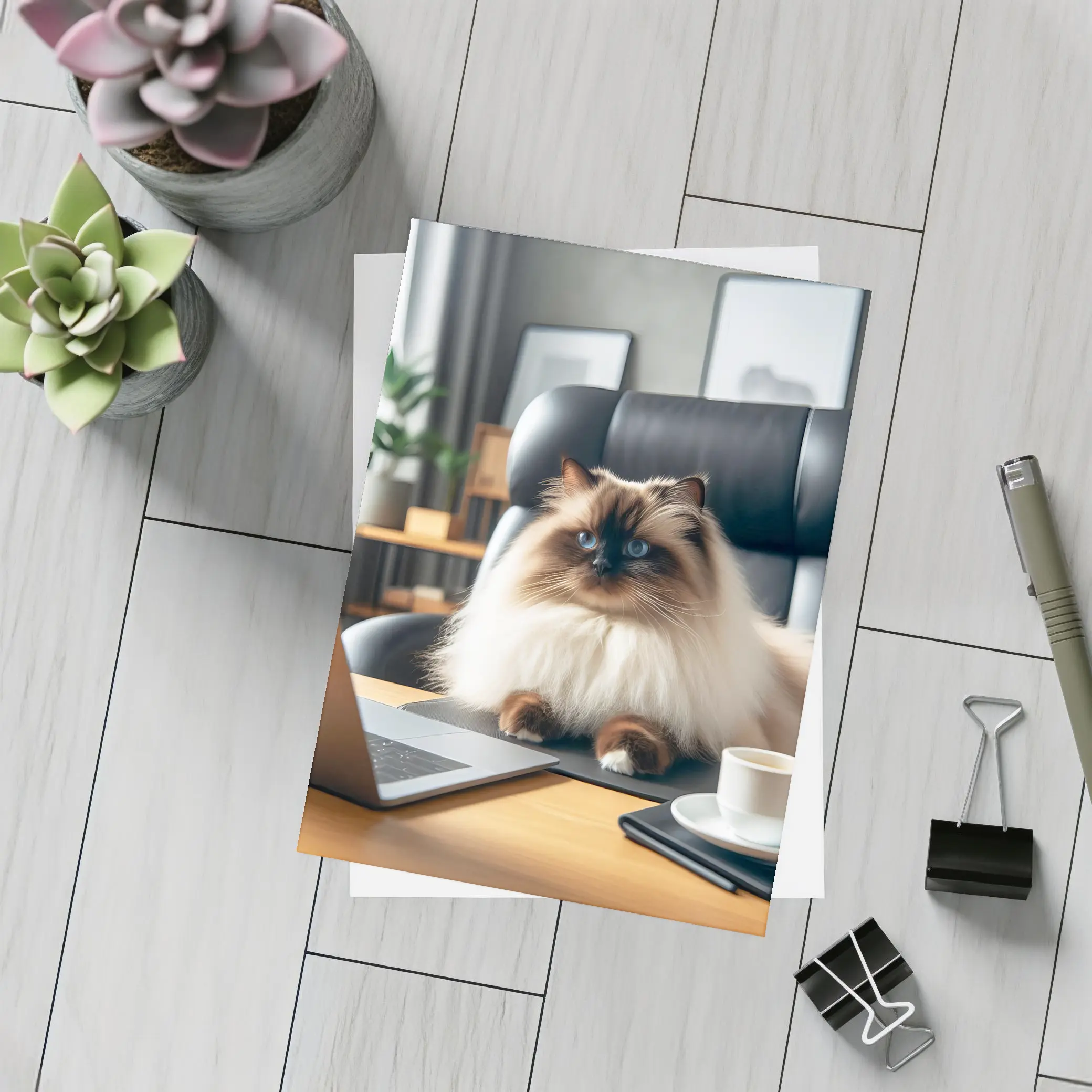 Himalayan Cat Sitting at Office Desk – Postcards