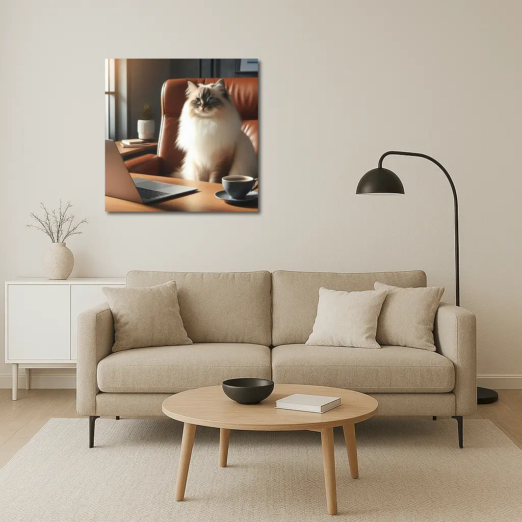 Birman Cat Sitting at Office Desk – Wall Art