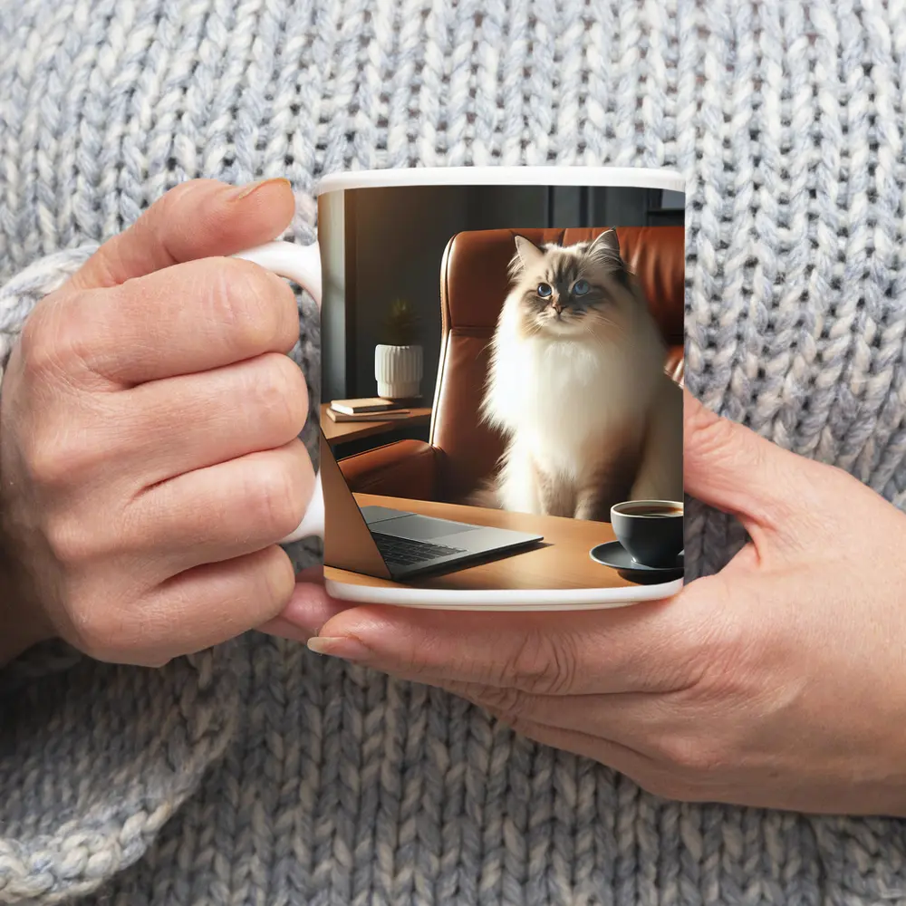 Birman Cat Sitting at Office Desk – Mugs