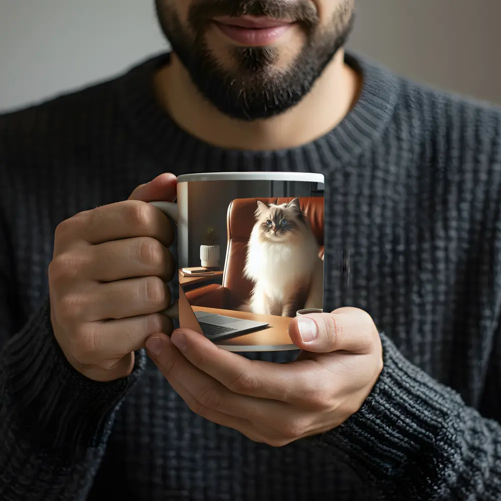 Birman Cat Sitting at Office Desk – Mugs
