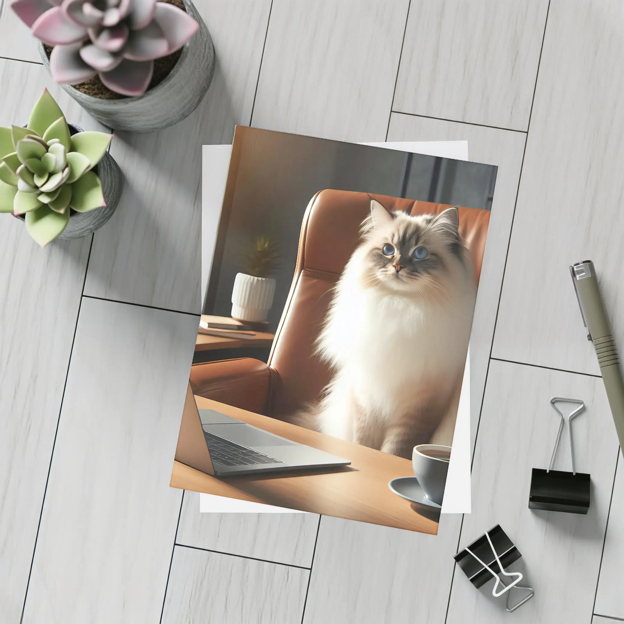 Birman Cat Sitting at Office Desk – Postcards