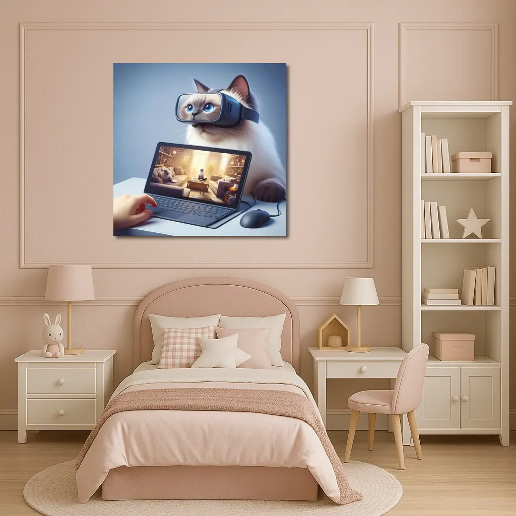 Ragdoll Cat Wearing VR Headset Blue Background – Wall Art