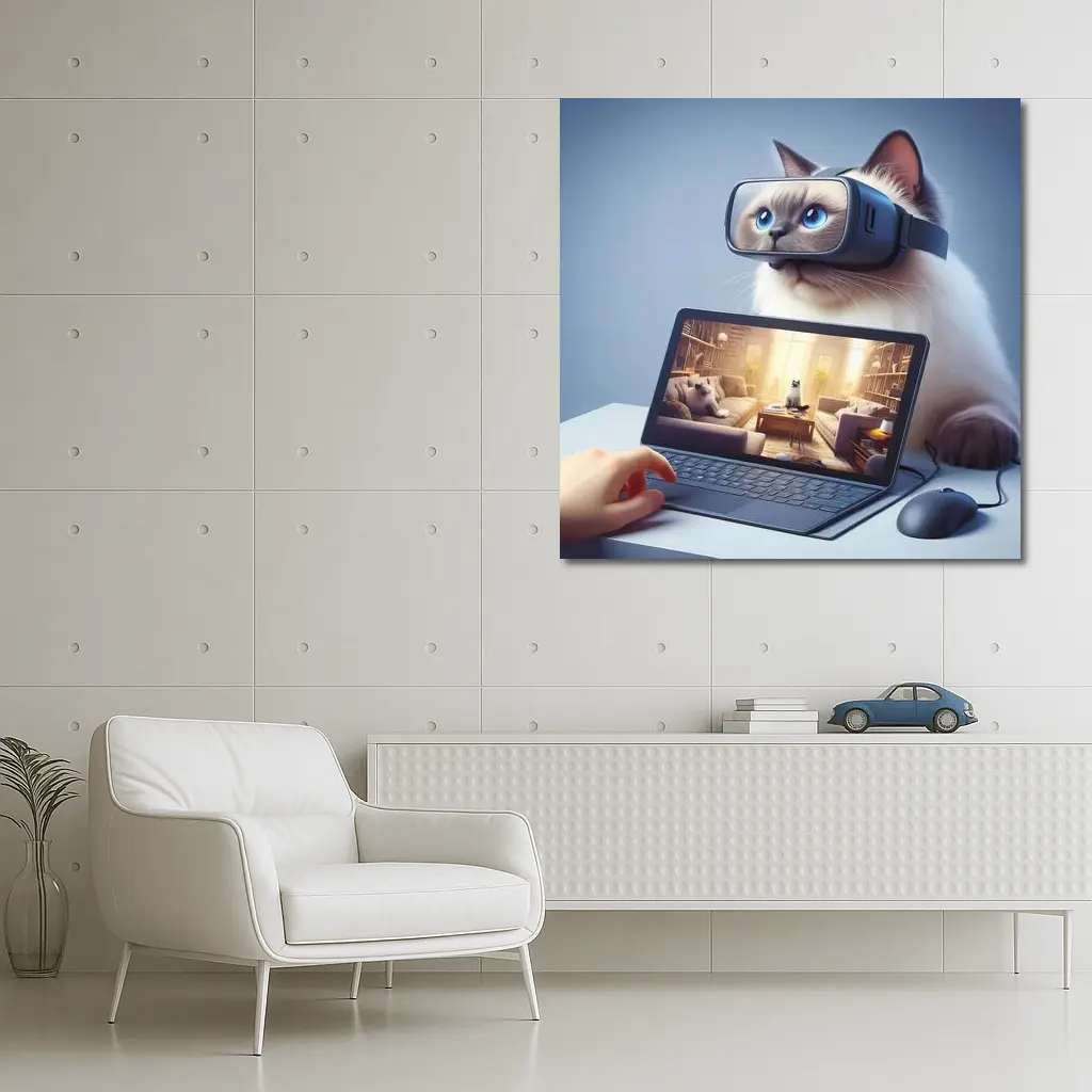 Ragdoll Cat Wearing VR Headset Blue Background – Wall Art