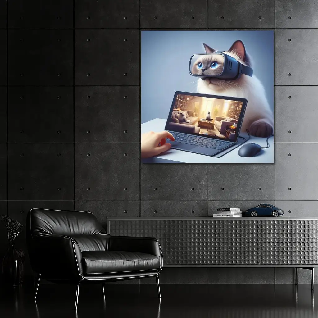 Ragdoll Cat Wearing VR Headset Blue Background – Wall Art