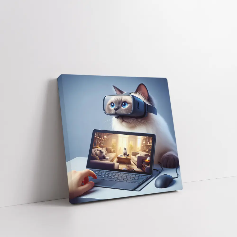 Ragdoll Cat Wearing VR Headset Blue Background – Wall Art