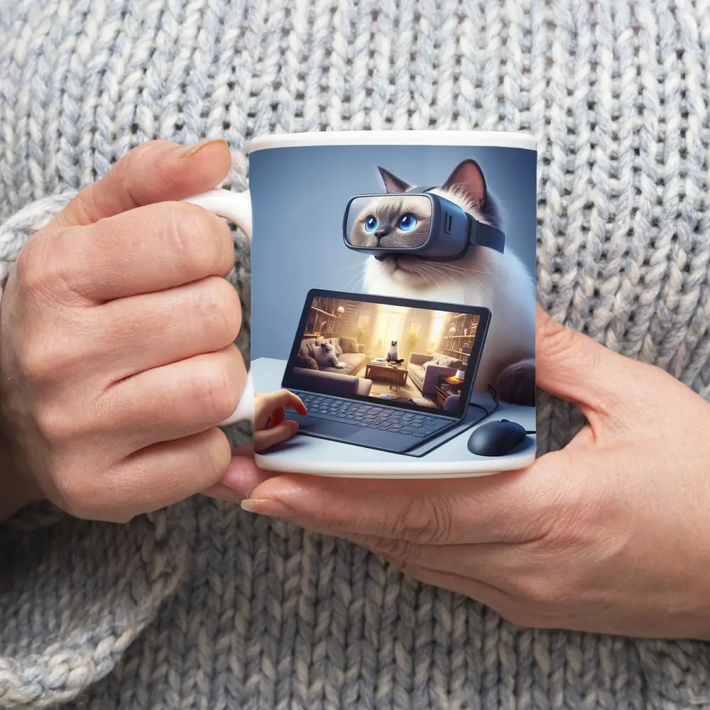 Ragdoll Cat Wearing VR Headset Blue Background – Mugs