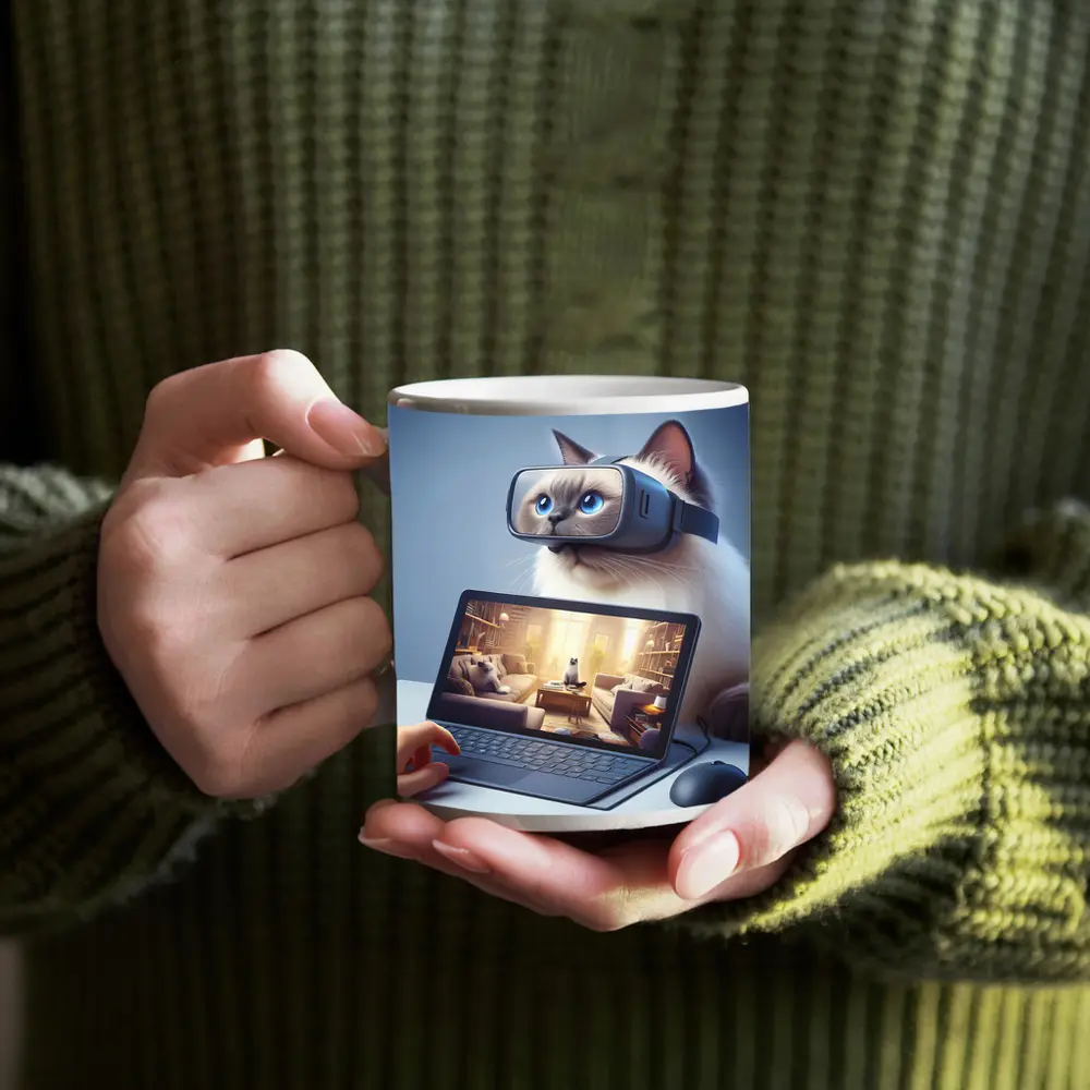 Ragdoll Cat Wearing VR Headset Blue Background – Mugs