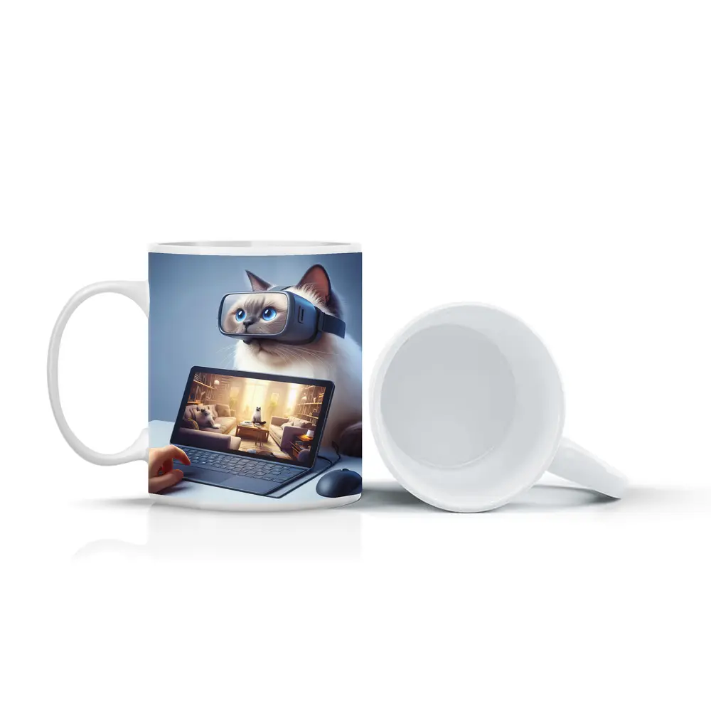 Ragdoll Cat Wearing VR Headset Blue Background – Mugs
