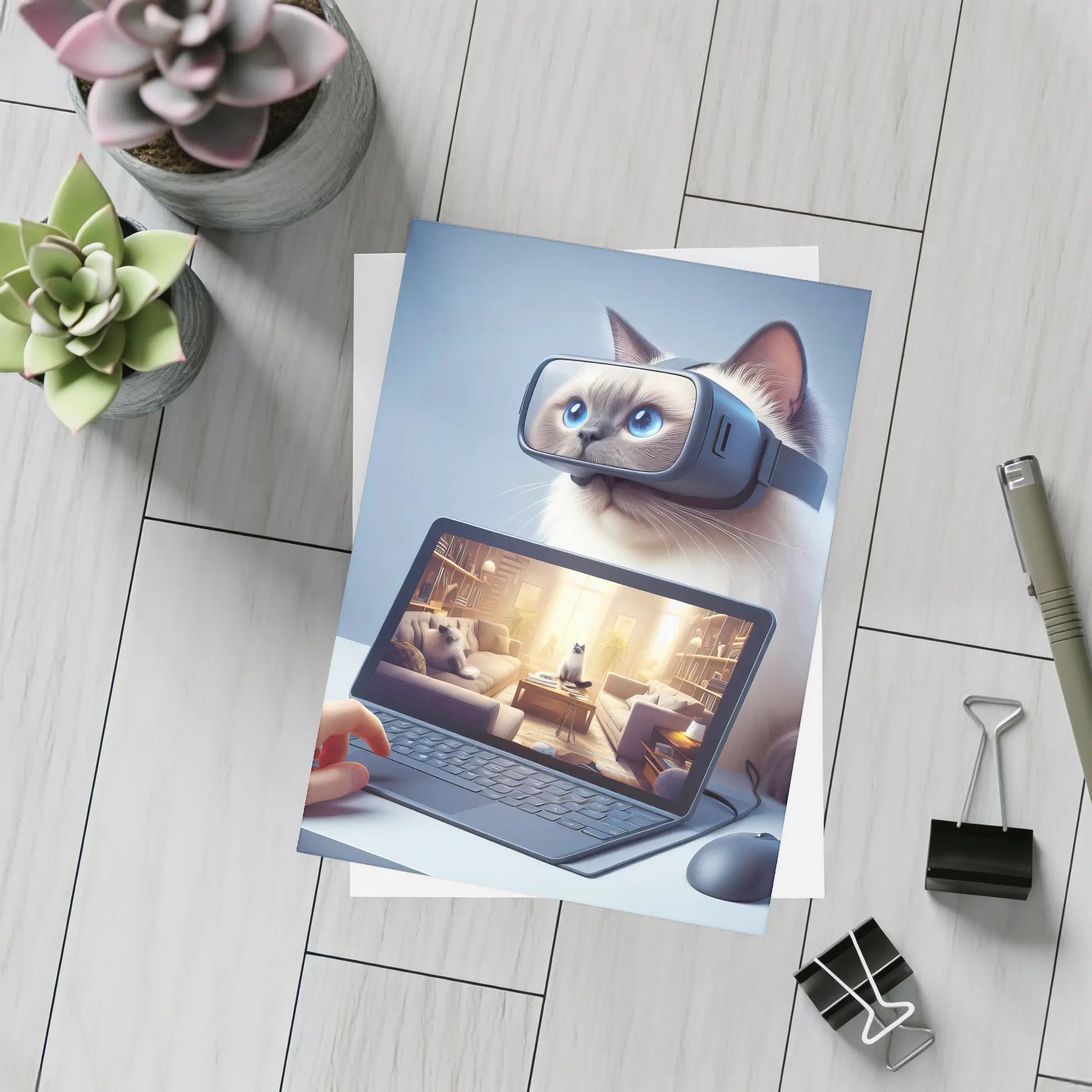 Ragdoll Cat Wearing VR Headset Blue Background – Postcards