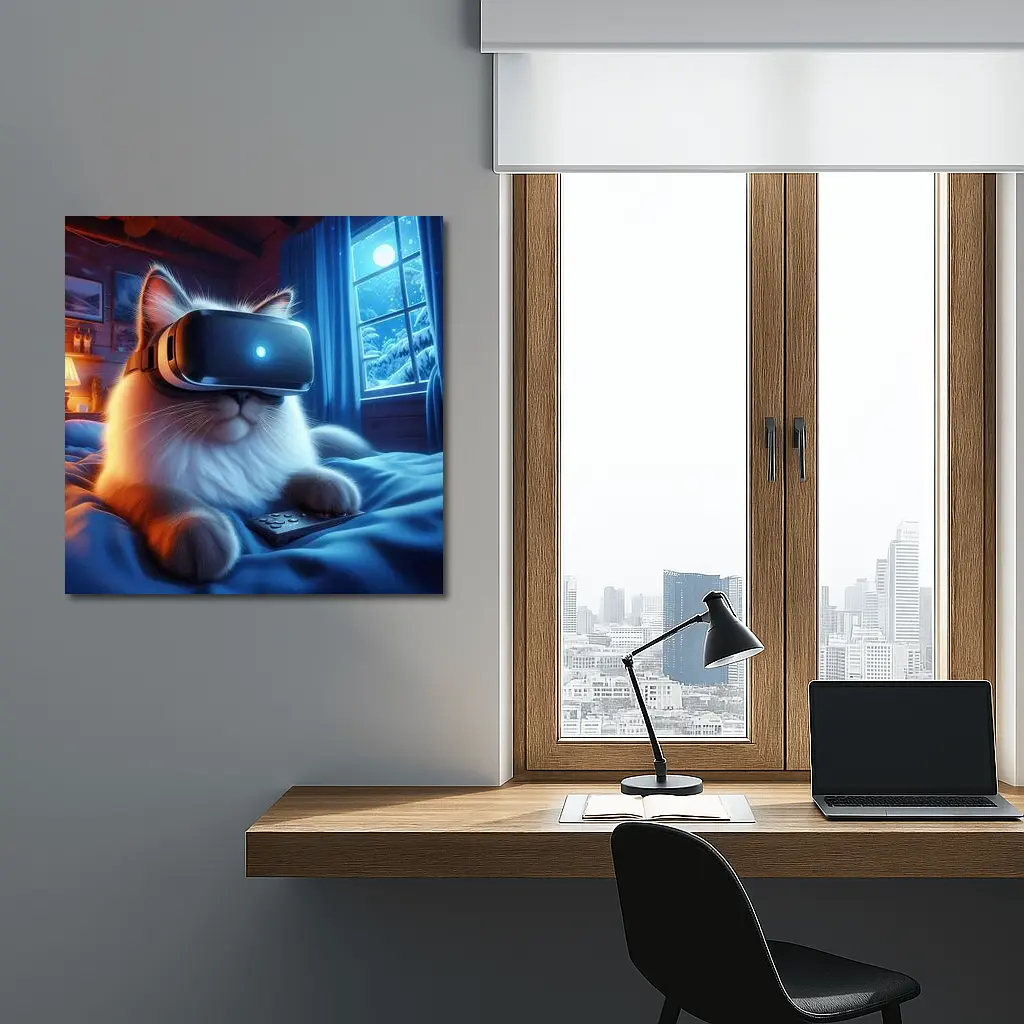 Fluffy Cat VR Headset Cozy Winter Night – Wall Art