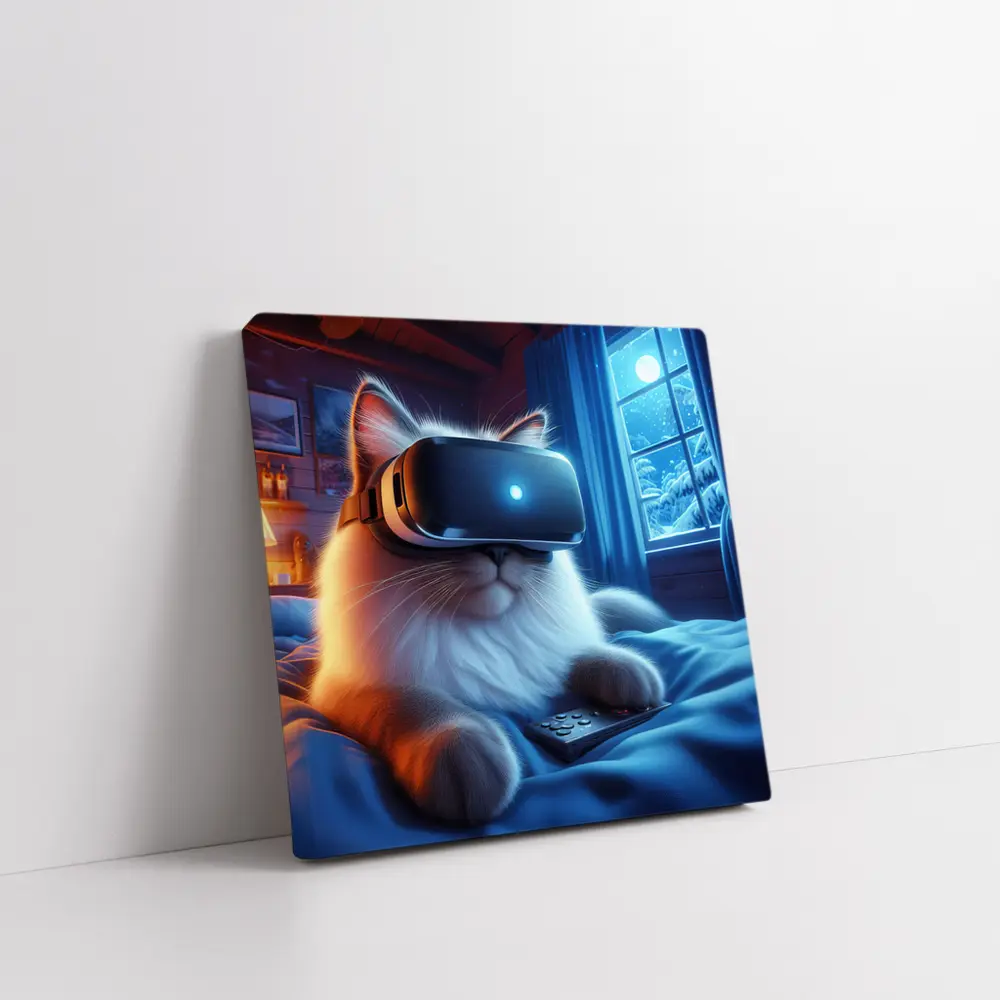 Fluffy Cat VR Headset Cozy Winter Night – Wall Art