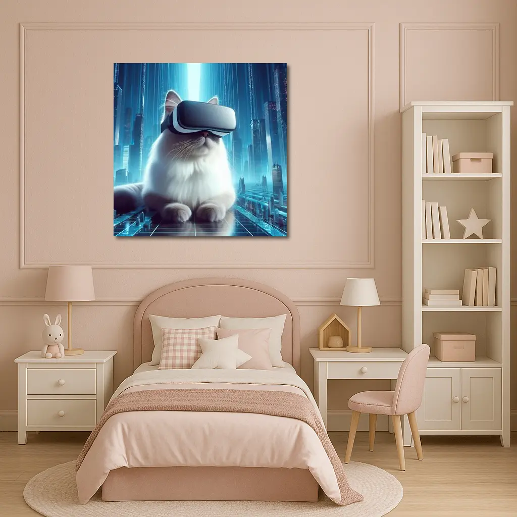 White Cat VR Headset Futuristic City – Wall Art
