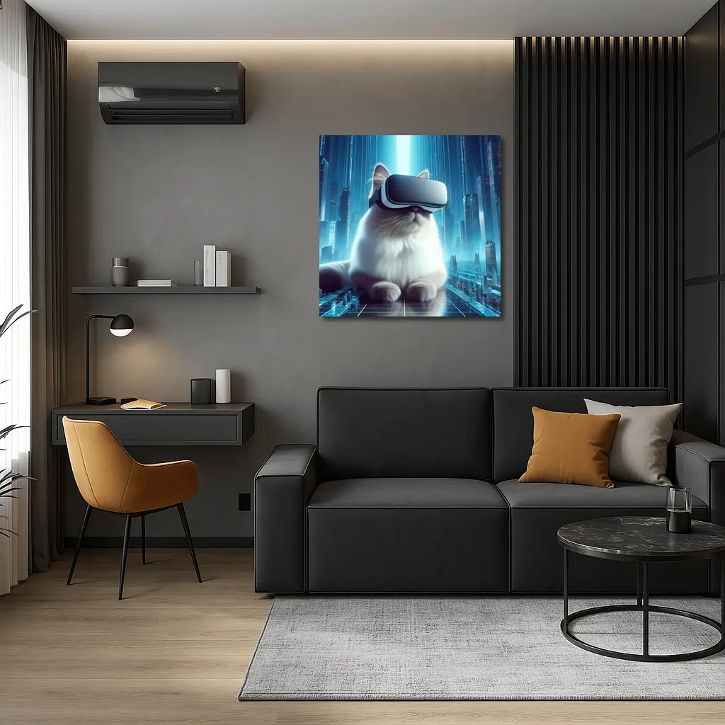 White Cat VR Headset Futuristic City – Wall Art