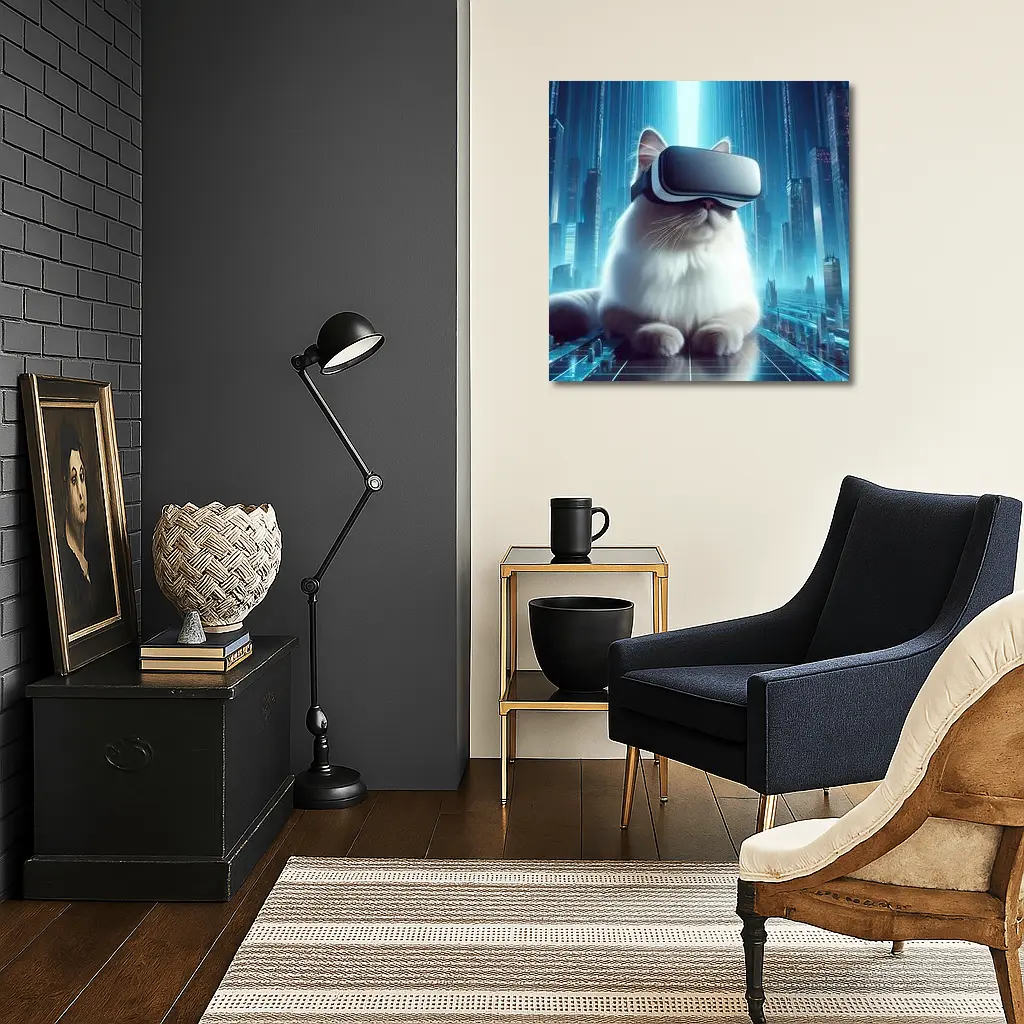White Cat VR Headset Futuristic City – Wall Art