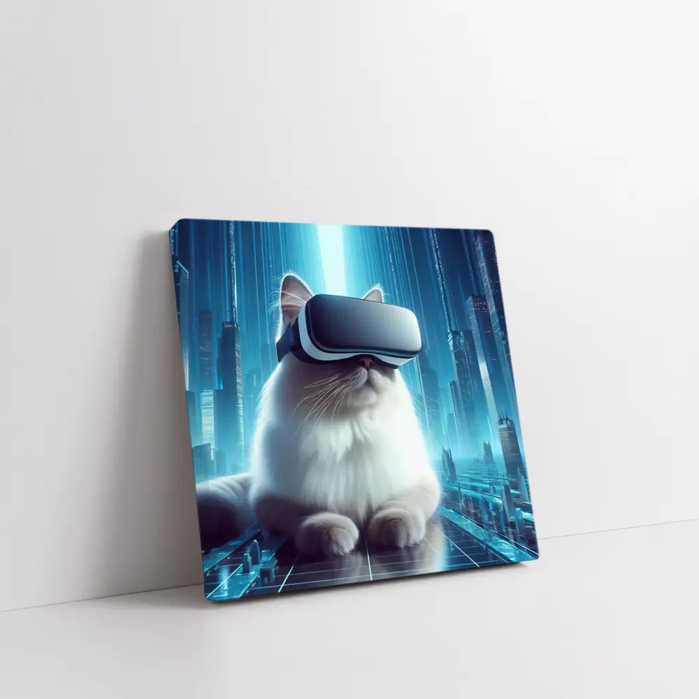 White Cat VR Headset Futuristic City – Wall Art