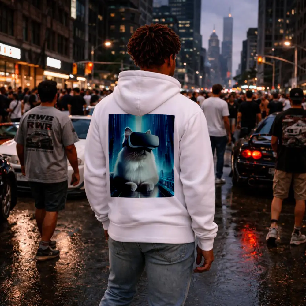 White Cat VR Headset Futuristic City – Hoodies