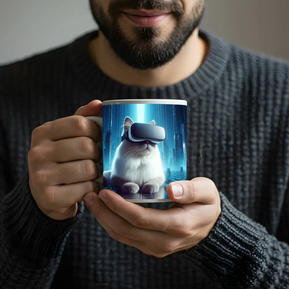 White Cat VR Headset Futuristic City – Mugs