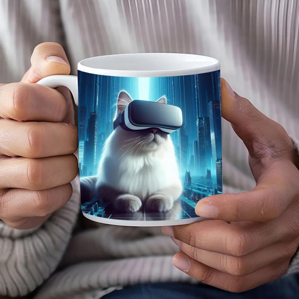 White Cat VR Headset Futuristic City – Mugs