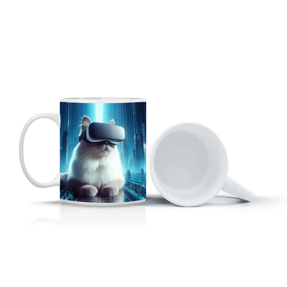 White Cat VR Headset Futuristic City – Mugs