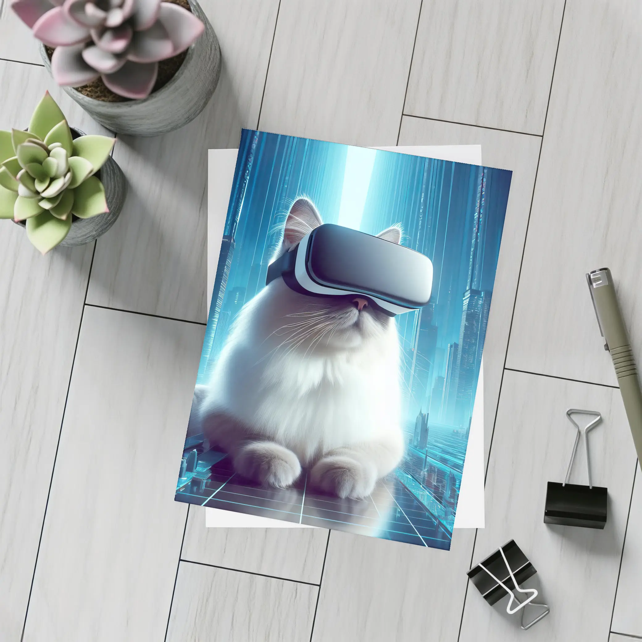 White Cat VR Headset Futuristic City – Postcards