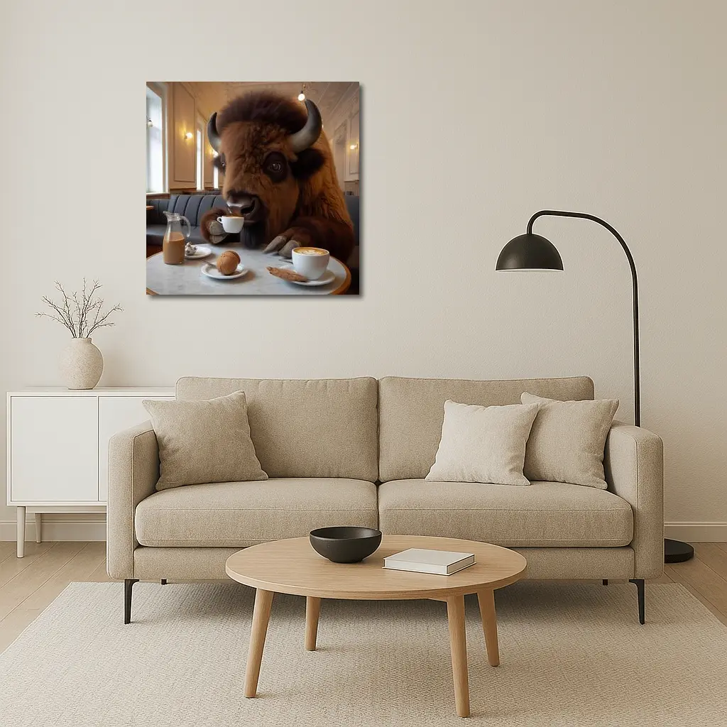 Bison Drinking Coffee In Elegant Cafe – Wall Art