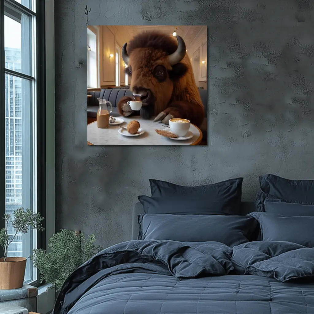 Bison Drinking Coffee In Elegant Cafe – Wall Art