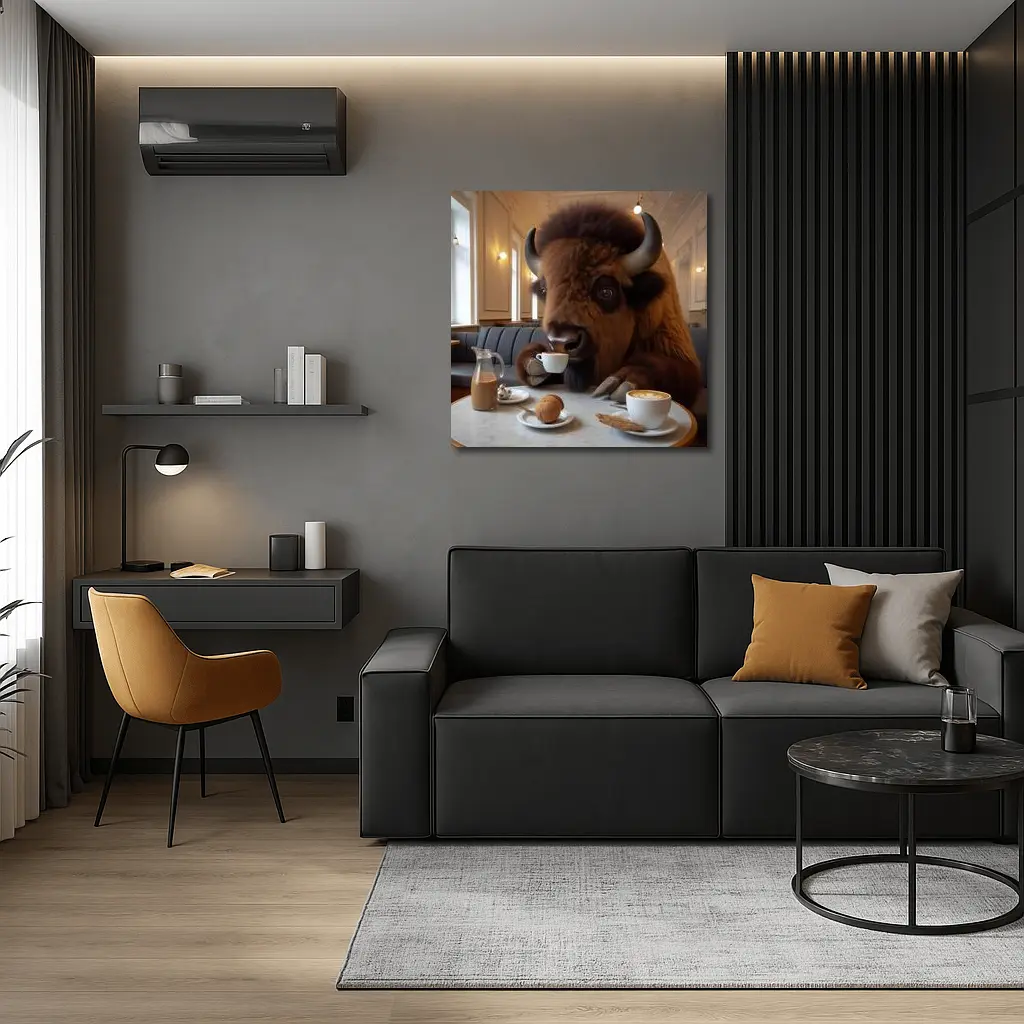 Bison Drinking Coffee In Elegant Cafe – Wall Art