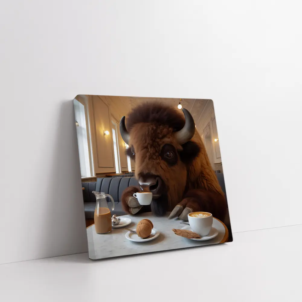 Bison Drinking Coffee In Elegant Cafe – Wall Art