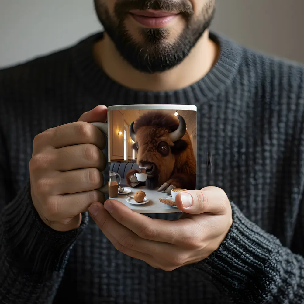 Bison Drinking Coffee In Elegant Cafe – Mugs