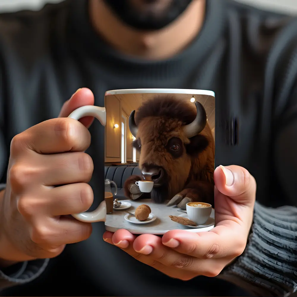 Bison Drinking Coffee In Elegant Cafe – Mugs