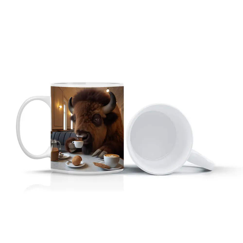 Bison Drinking Coffee In Elegant Cafe – Mugs