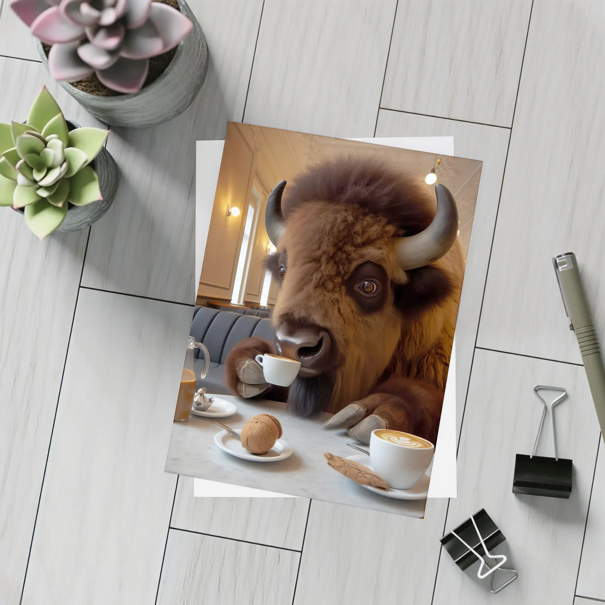 Bison Drinking Coffee In Elegant Cafe – Postcards