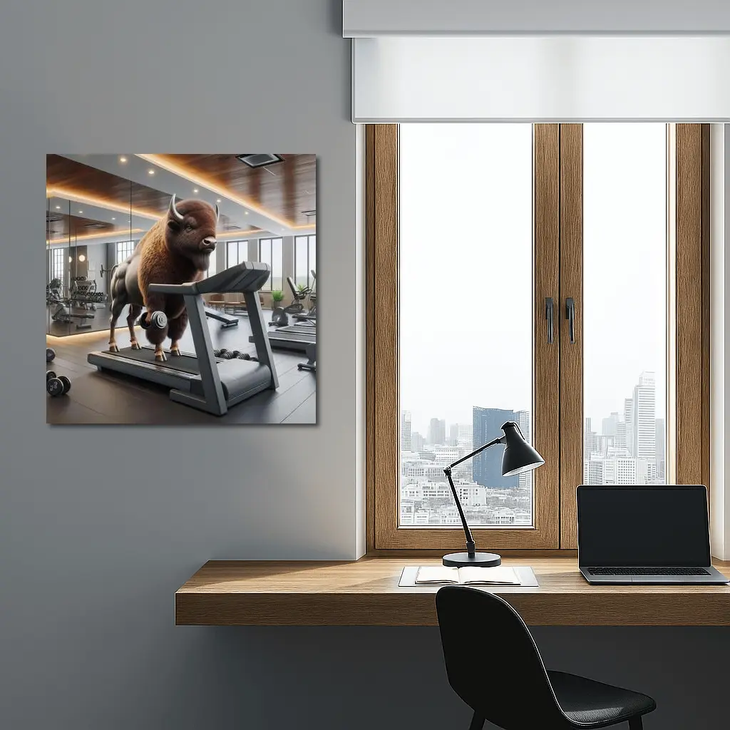 Bison Lifting Weights on Gym Treadmill – Wall Art