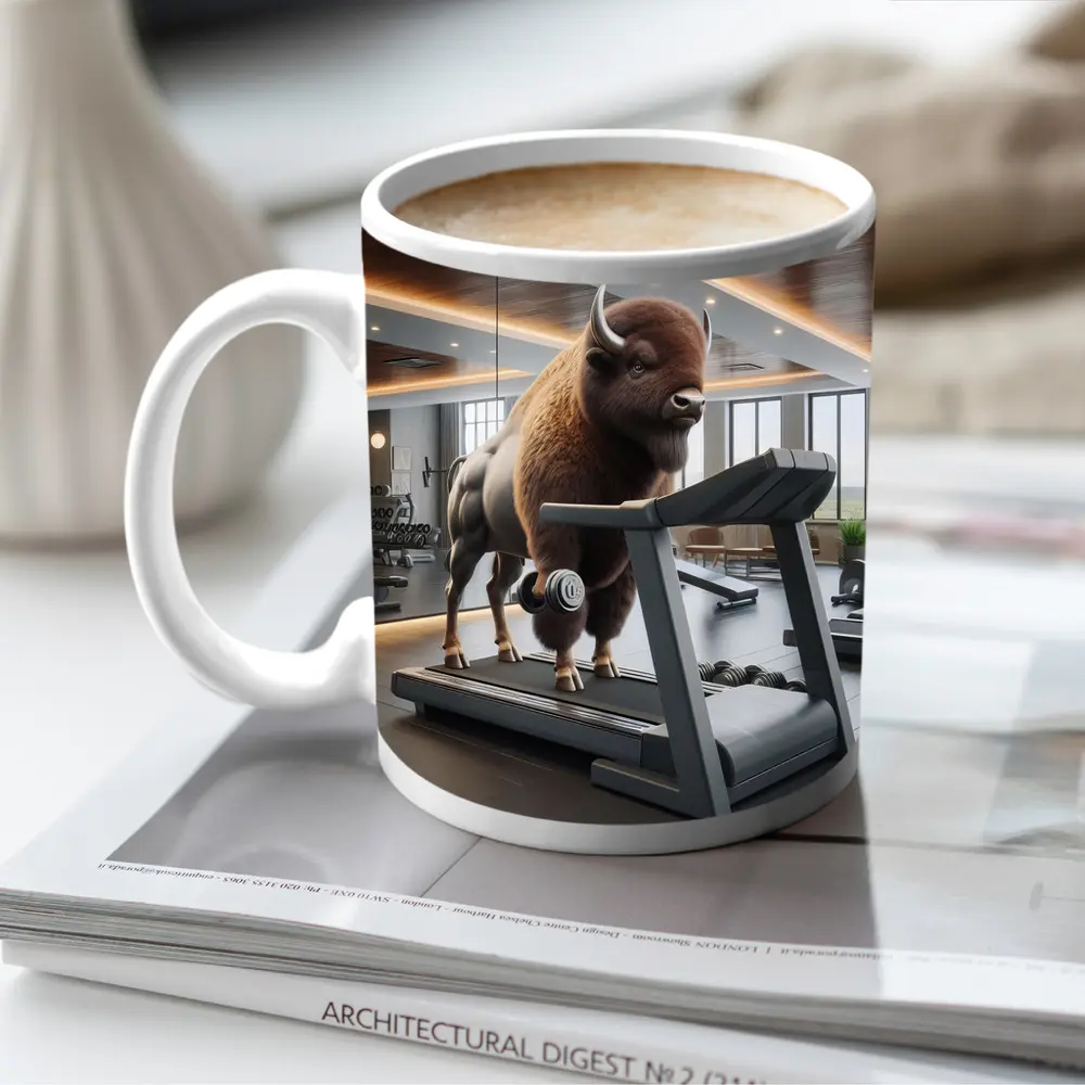 Bison Lifting Weights on Gym Treadmill – Mugs