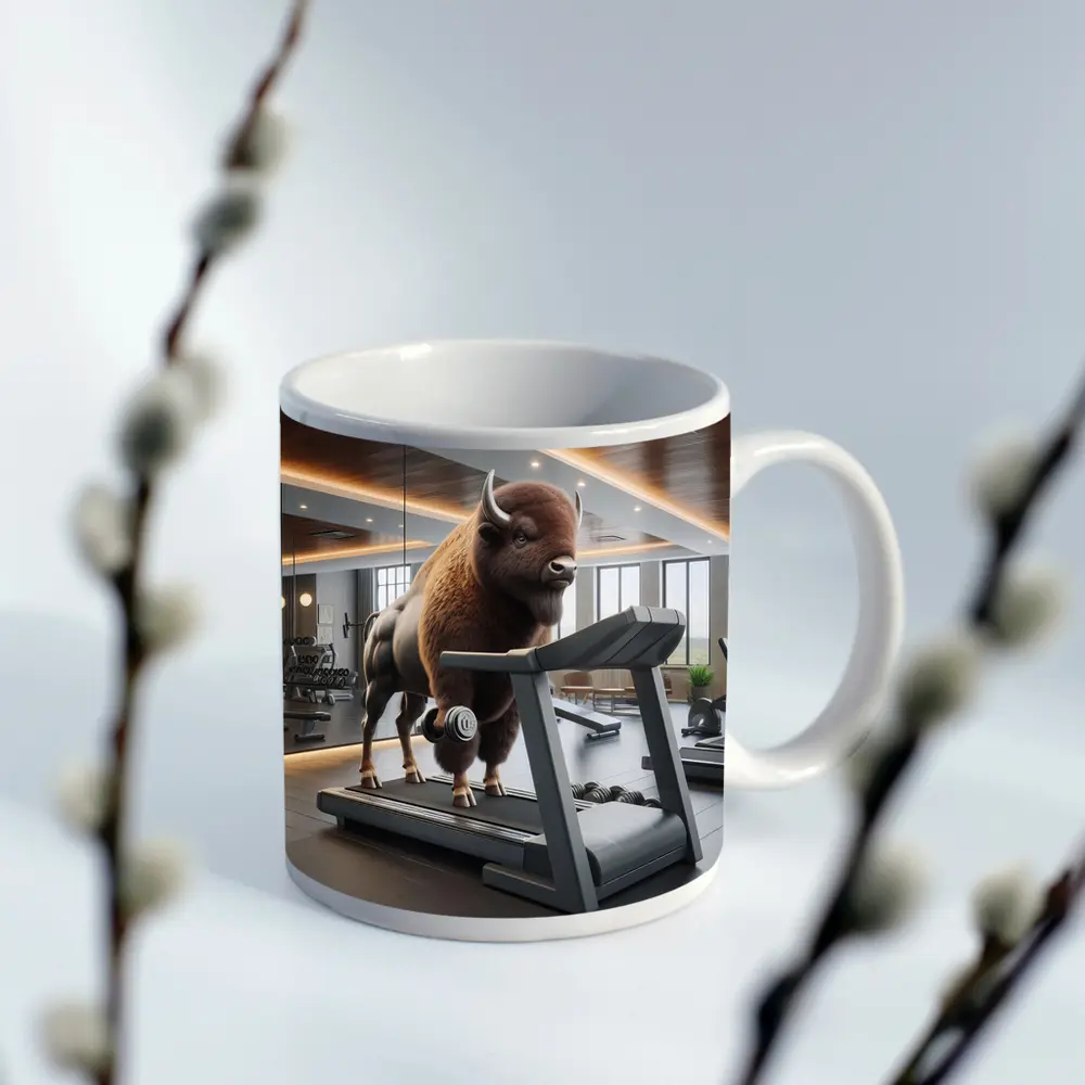 Bison Lifting Weights on Gym Treadmill – Mugs