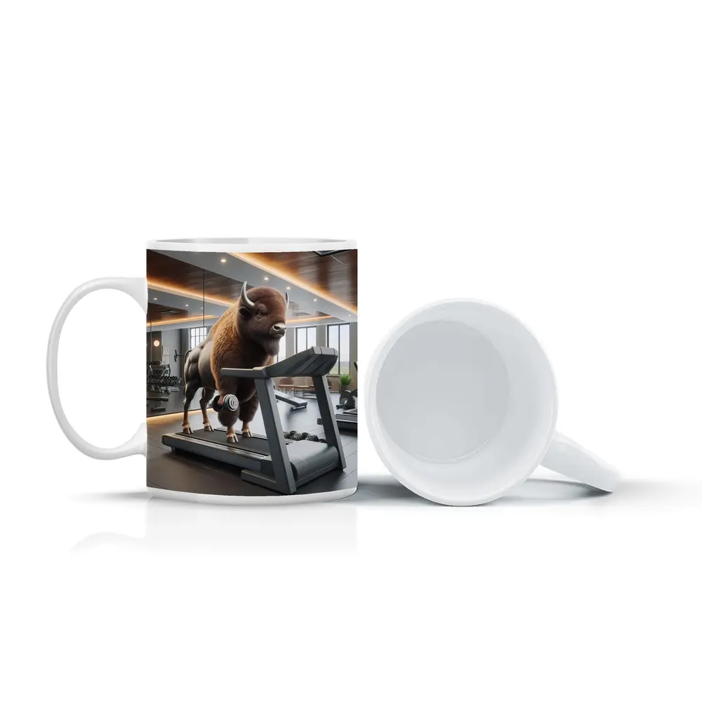 Bison Lifting Weights on Gym Treadmill – Mugs