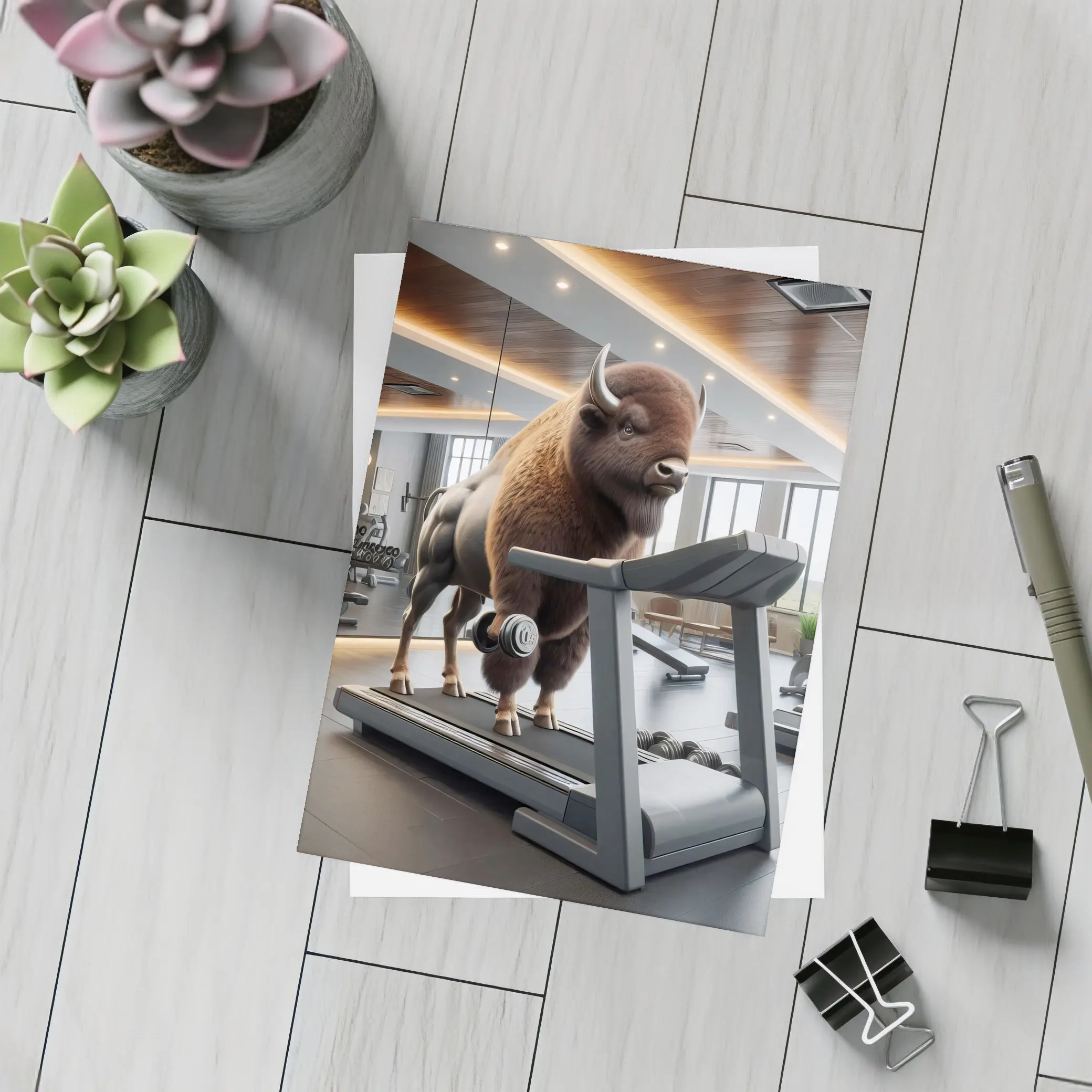 Bison Lifting Weights on Gym Treadmill – Postcards