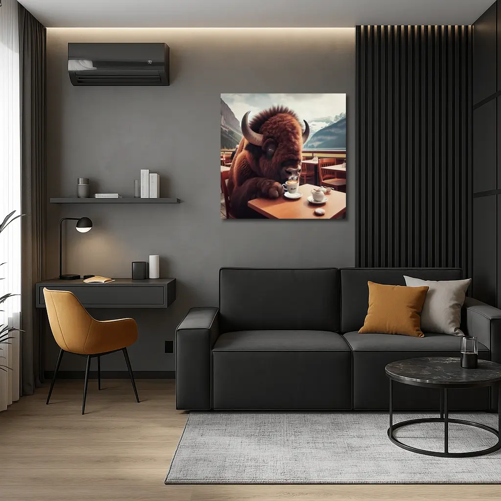 Bison Drinking Coffee at Mountain Cafe – Wall Art