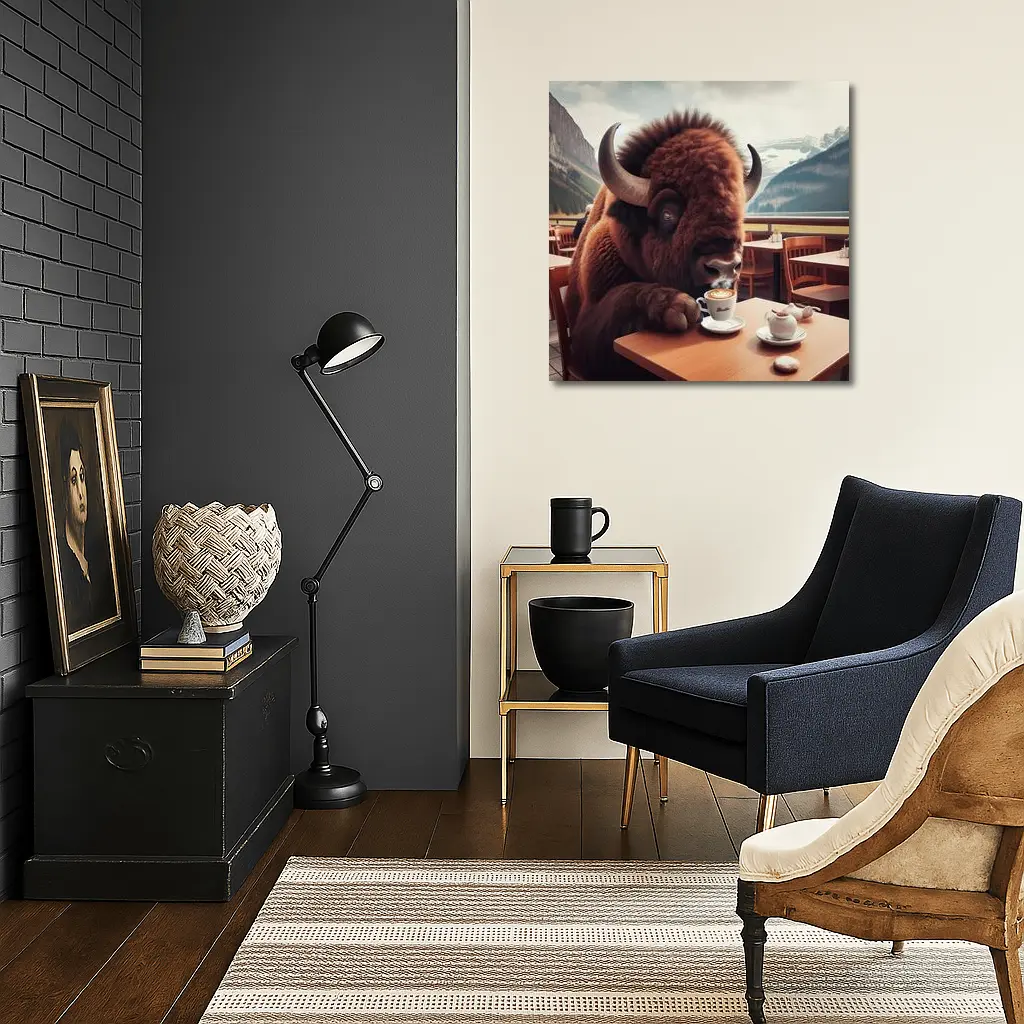 Bison Drinking Coffee at Mountain Cafe – Wall Art