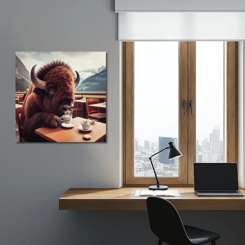 Bison Drinking Coffee at Mountain Cafe – Wall Art
