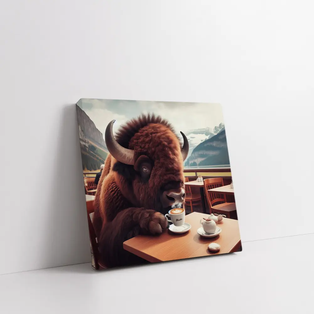 Bison Drinking Coffee at Mountain Cafe – Wall Art