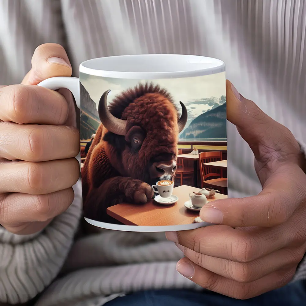 Bison Drinking Coffee at Mountain Cafe – Mugs