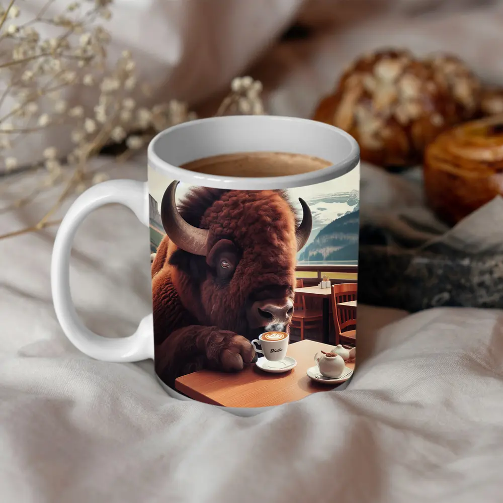 Bison Drinking Coffee at Mountain Cafe – Mugs