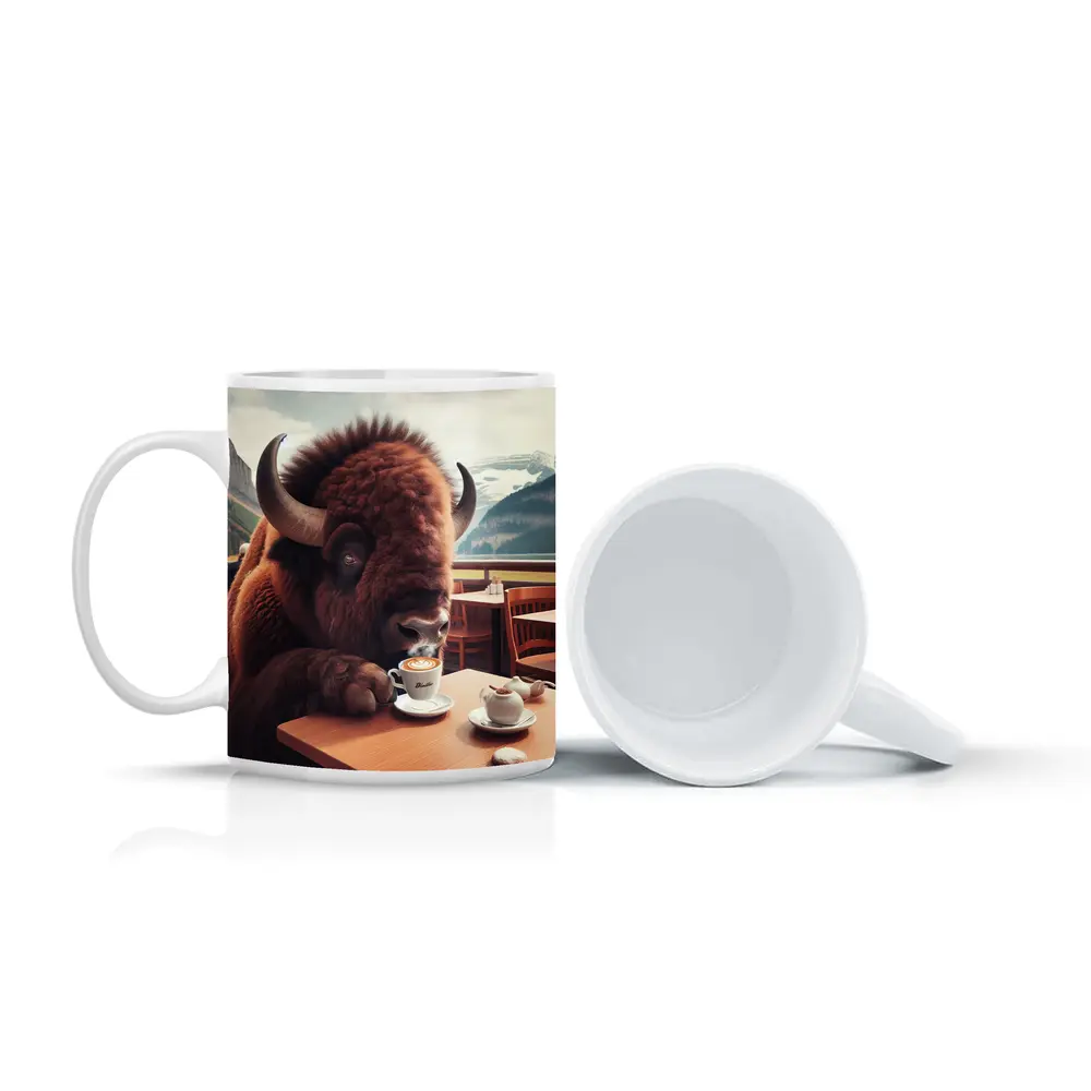 Bison Drinking Coffee at Mountain Cafe – Mugs