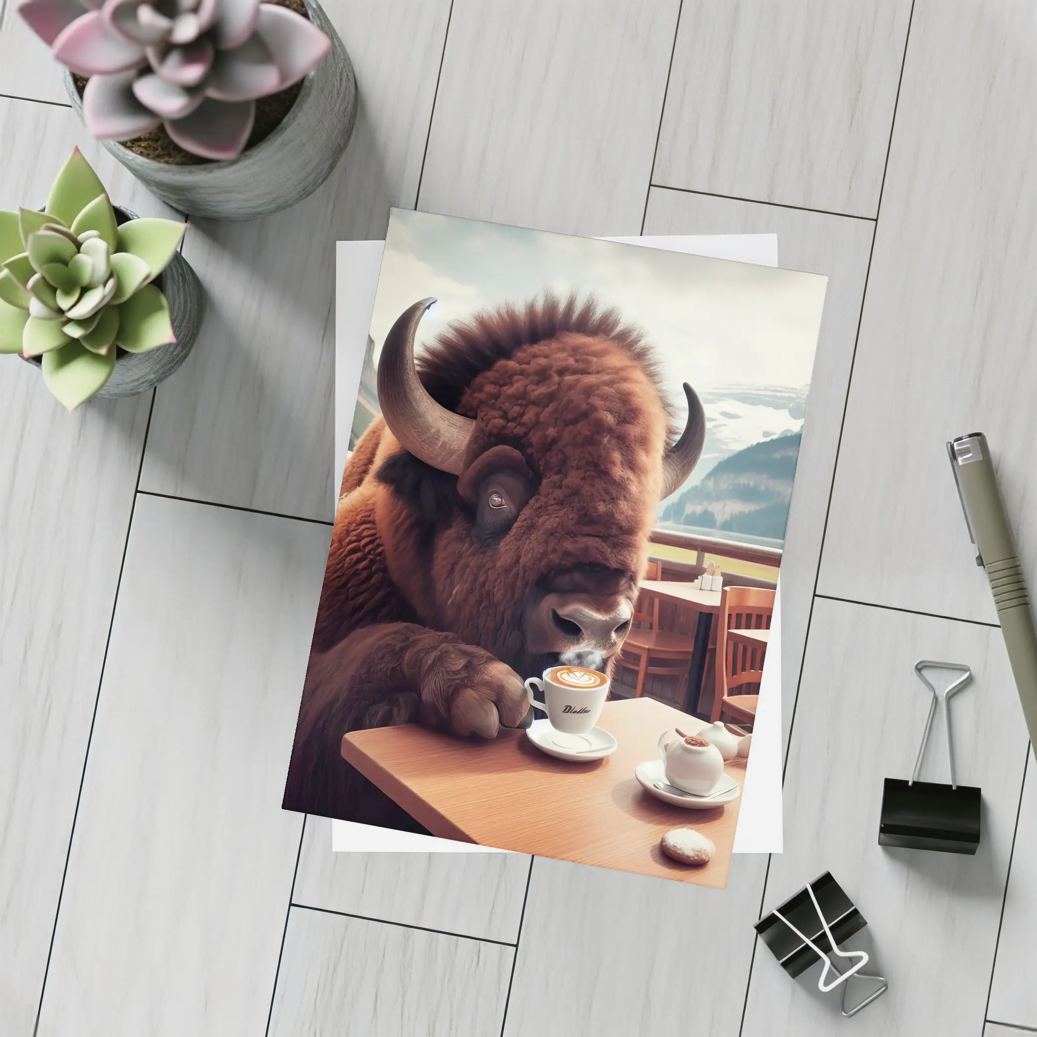 Bison Drinking Coffee at Mountain Cafe – Postcards