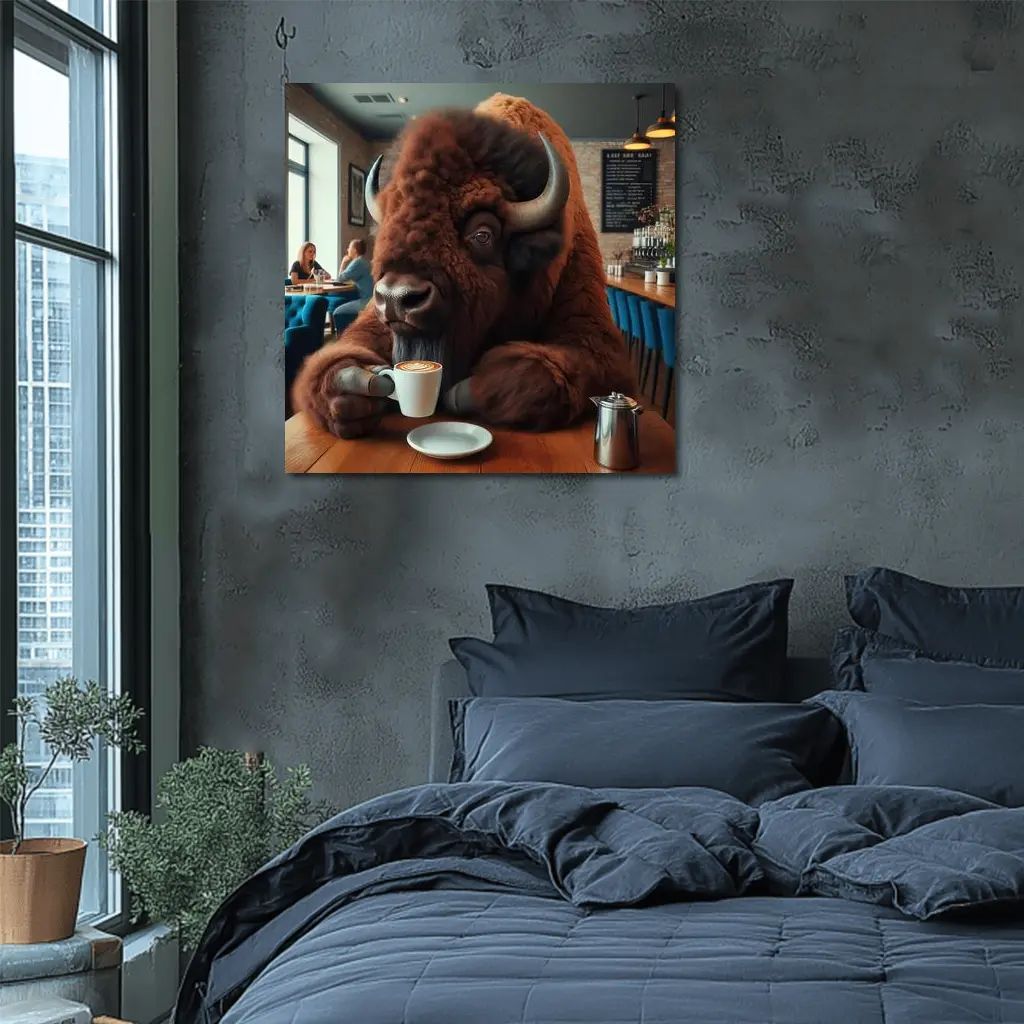 Bison Drinking Coffee In Cozy Cafe – Wall Art
