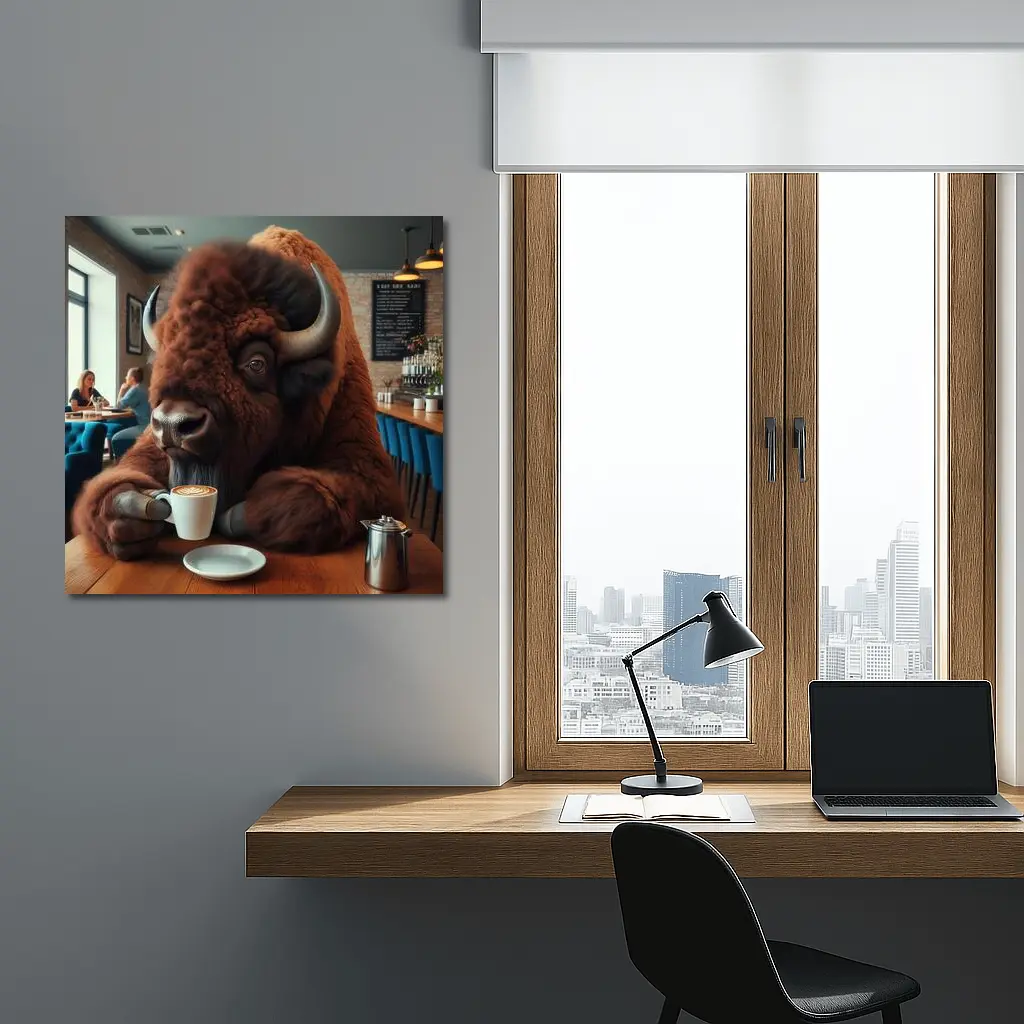 Bison Drinking Coffee In Cozy Cafe – Wall Art