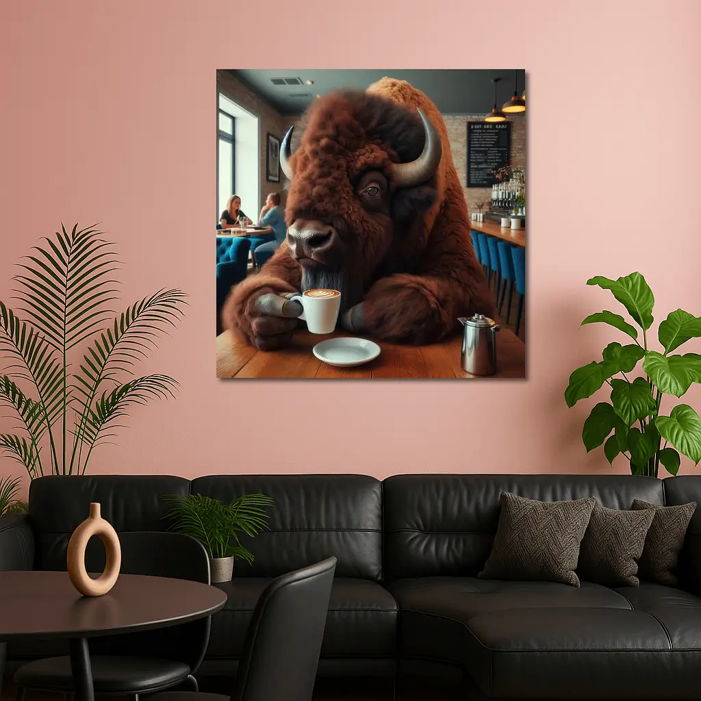 Bison Drinking Coffee In Cozy Cafe – Wall Art