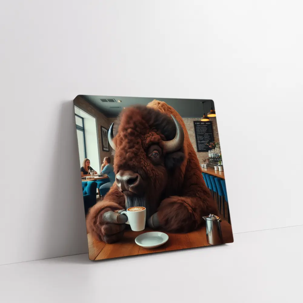 Bison Drinking Coffee In Cozy Cafe – Wall Art